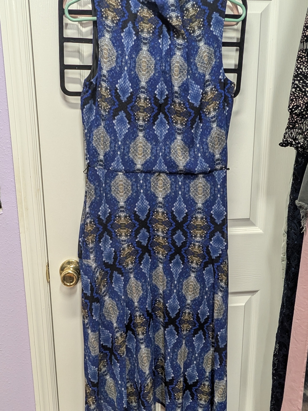 Blue Snakeskin Chiffon Mock Neck Handkerchief Hem Dress